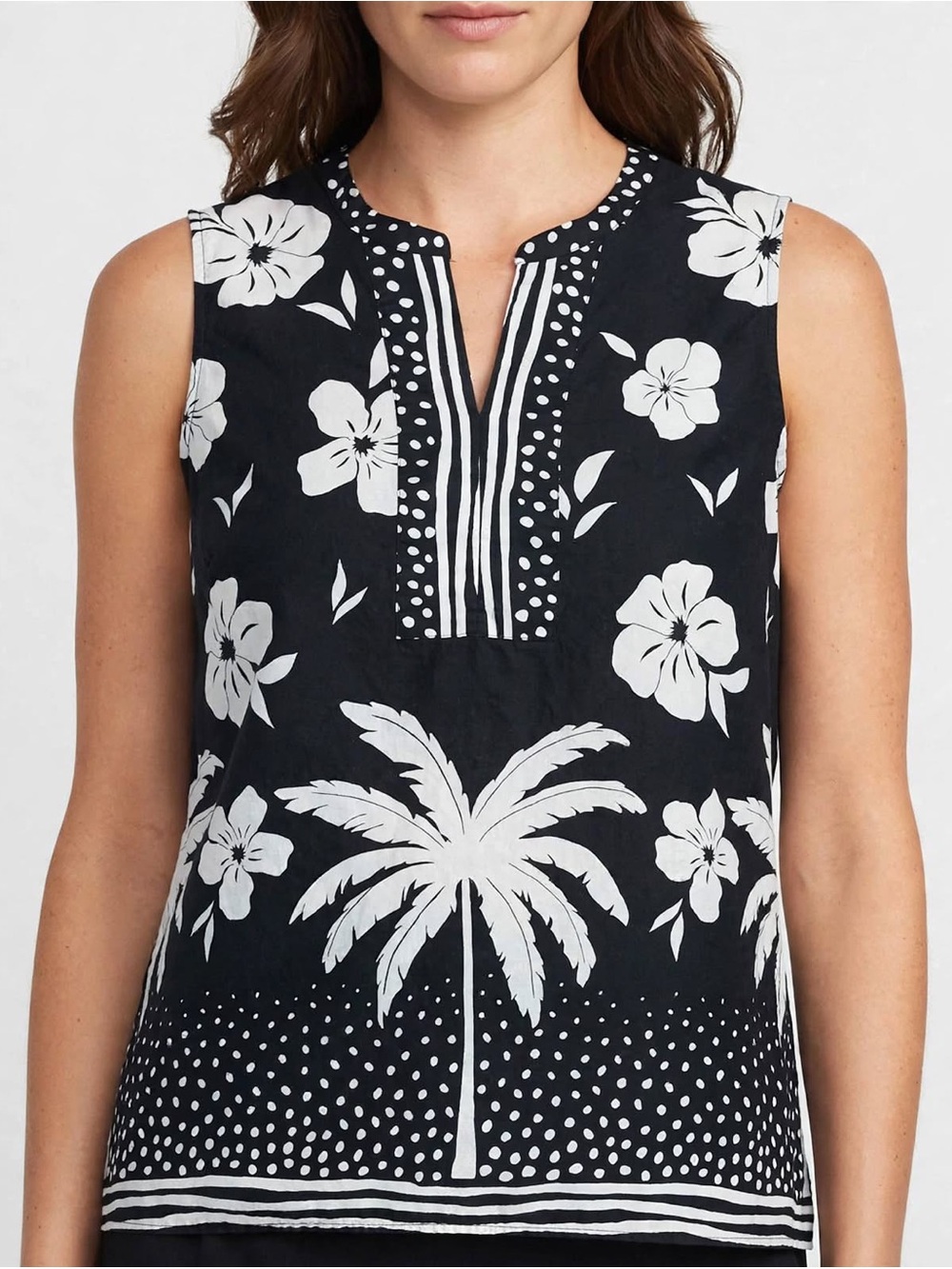 Talbots Black & White Palm Floral Sleeveless Top - Size XL - 100% Cotton
